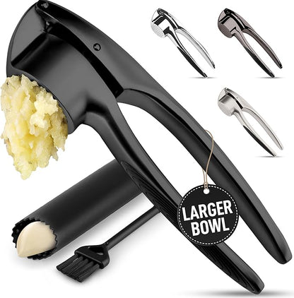 Zulay Kitchen Large Premium Garlic Press Set – Rust Proof & Dishwasher Safe, Bigger Bowl Garlic Mincer Tool with Silicone Garlic Peeler & Brush, Easy Squeeze & Clean, Ergonomic Handle - Black