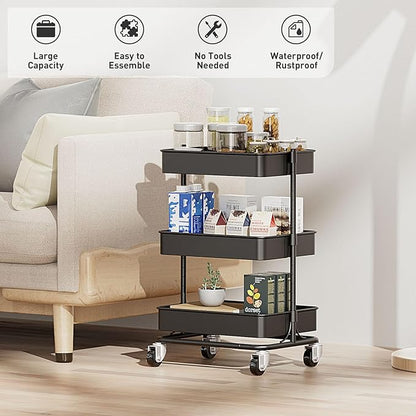 3 Tier Modern Metal Rolling Tool Cart with Silent Casters, 15.35x11.81x23.74 inch Heavy Duty Organization Truck Trolley Organizer for Office, Living Room, Kitchen, (Black)