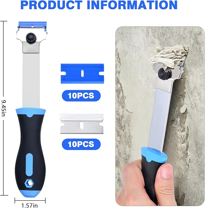Razor Blade Scraper Tool with 10 Pcs Extra Replacement Metal and 10 Pcs Plastic Razor Blades, Long Handle Scraper Tool for Cleaning Cooktop, Paint, Tile, Window Glass Scraper
