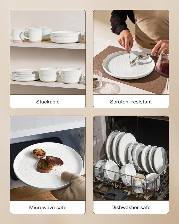Stoneware Dinnerware Sets for 4, Plates and Bowls, Chip & Scratch Resistant