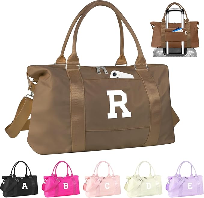 Birthday Graduation Gifts for Daughter,Initial Travel Duffel Bag Sports Gym Bag for Girls Teen Kids Birthday Gifts,Personalized Weekender Bag Carry On Tote Bags Cute Overnight Bag for Women(Brown, R)