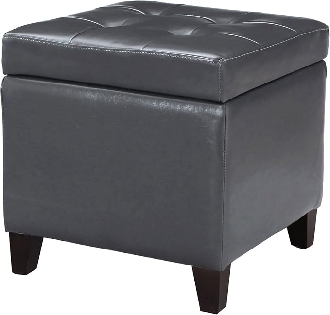Adeco Bonded Leather Square Tufted Cubic Cube Storage Footstool, 18" Inch Ottomans & Storage Ottomans, With Lid, Dim Gray