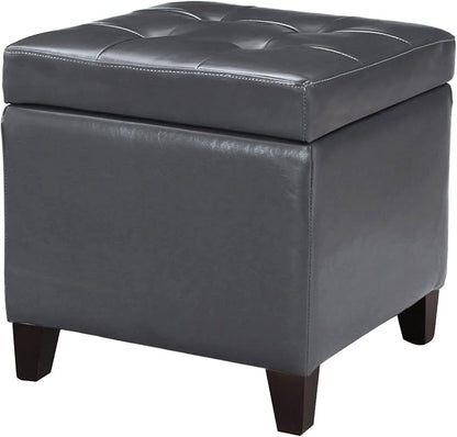 Adeco Bonded Leather Square Tufted Cubic Cube Storage Footstool, 18" Inch Ottomans & Storage Ottomans, With Lid, Dim Gray