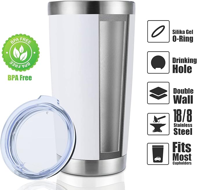 DOMICARE 20oz Stainless Steel Tumbler Bulk with Lid, Double Wall Vacuum Insulated Travel Mug, Powder Coated Coffee Cup, Powder White, 4 Pack