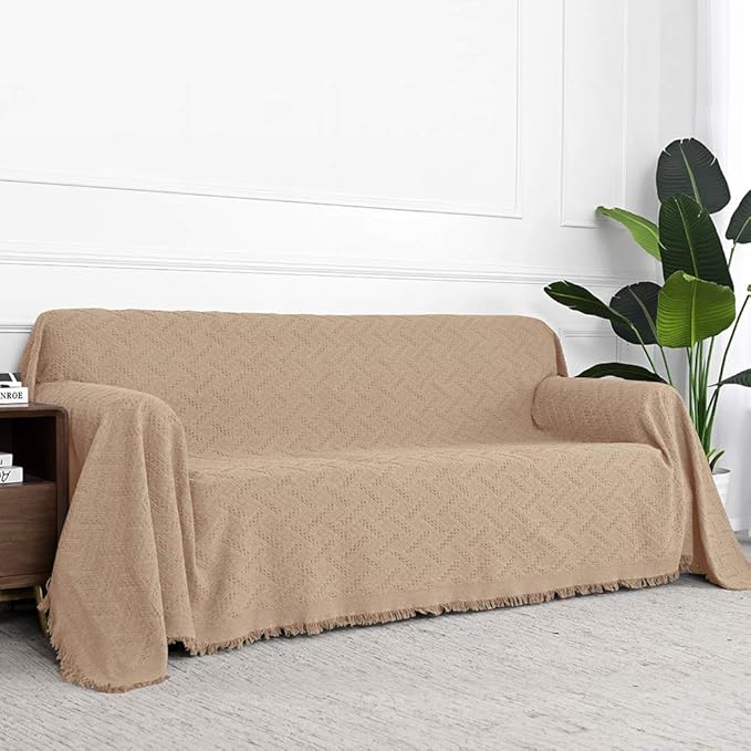 MYSKY HOME Sofa Cover Couch, Covers for 2 Cushion Couch, Geometrical Couch Cover Living Room Sofa Throws Sofa Slipcovers for Pets, Kids (Large, 71" x 102", Khaki)