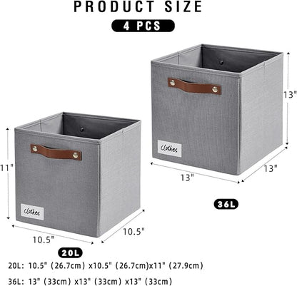 Collapsible Fabric Storage Cube Bins with 2 Reinforced PU Handles, Foldable Storage Organizer Baskets for Closet, Shelves, Living Room | 11"x11"x11", 4 Pack, Full Gray