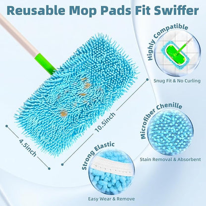 Reusable Mop Pads Compatible with Swiffer Sweeper Mop, Washable Wet Pads Refill & Chenille Dry Sweeping Cloths, Microfiber Mop Pads for Use on All Sealed Floors - Wood, Laminate, Stone & Tile (6 Blue)