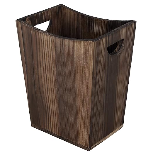 SEHERTIWY Wood Trash Can, Farmhouse Wastebasket Bin for Bathroom, Office, Bedroom, Living Room, Small Square Rustic Garbage Container (Wood-Brown)
