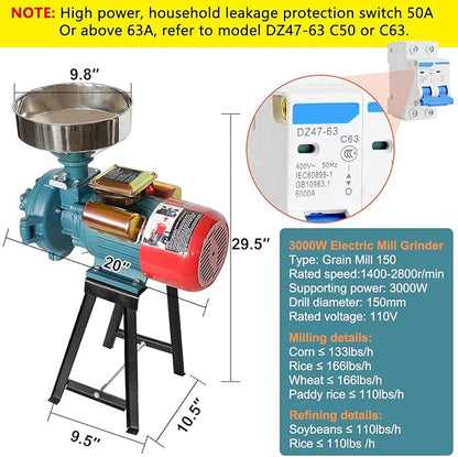 Electric Grain Grinder Mill, 3000W 110V Corn Grinder Mill Electric, Dry Cereals Rice Coffee Wheat Corn Mills with Funnel, Grain grinder mill powder machine