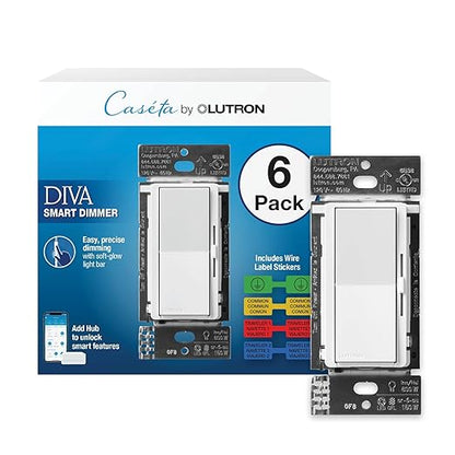 Lutron Diva Smart Dimmer Light Switch for Caseta Lighting (Lutron Smart Hub Required), for LED Lights, 150W, Single-Pole/3-Way, No Neutral, White - 6 Pack