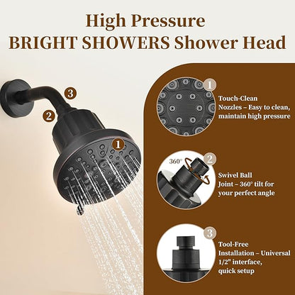 BRIGHT SHOWERS Filtered Shower Head, High Pressure Shower Filter for Hard Water to Remove Chlorine and Impurities, 8 Spray Modes Water Softener Showerhead for Hair and Skin Care, Oil Rubbed Bronze