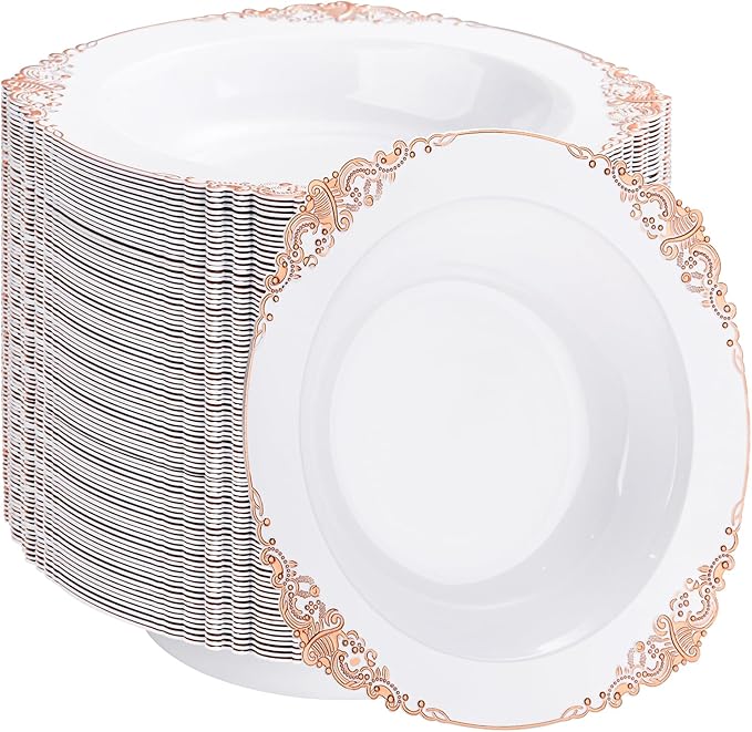 100PCS Rose Gold Plastic Bowls - 12 oz Disposable Salad Bowls - Heavy Duty Disposable Soup Bowl - Fancy Plastic Ice Cream Bowl for Weddings Parties Catering Picnics