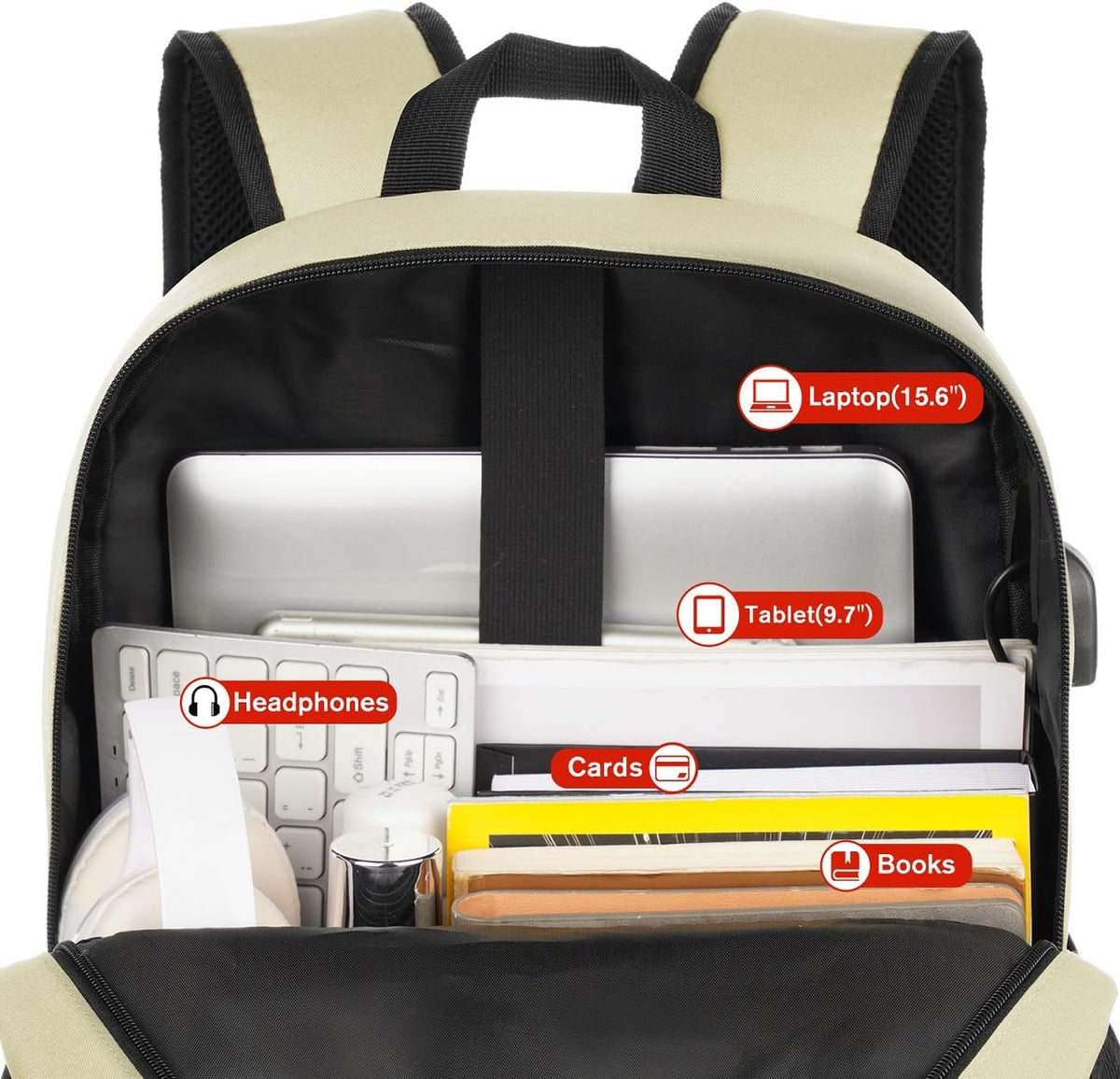 School Backpack,Unisex Classic Bookbag Teens Schoolbag with USB Port for High School College Office Work Travel, 15.6 inch, Beige