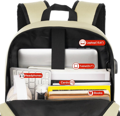 School Backpack,Unisex Classic Bookbag Teens Schoolbag with USB Port for High School College Office Work Travel, 15.6 inch, Beige