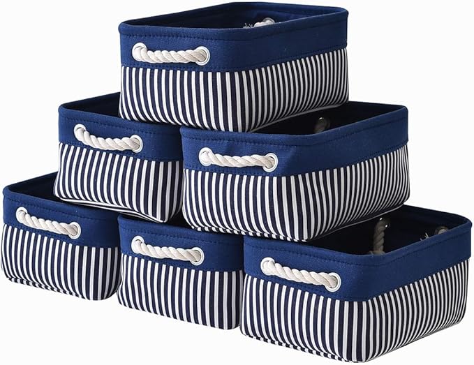TcaFmac Small Storage Baskets [6 Pack] - Navy Blue Rectangular Storage Bins with Blue Stripes