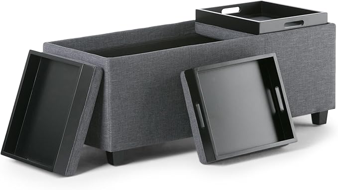 SIMPLIHOME Avalon 42 Inch Wide Contemporary Rectangle Storage Ottoman in Slate Grey Linen Look Fabric, Assembled, For the Living Room, Entryway and Family Room