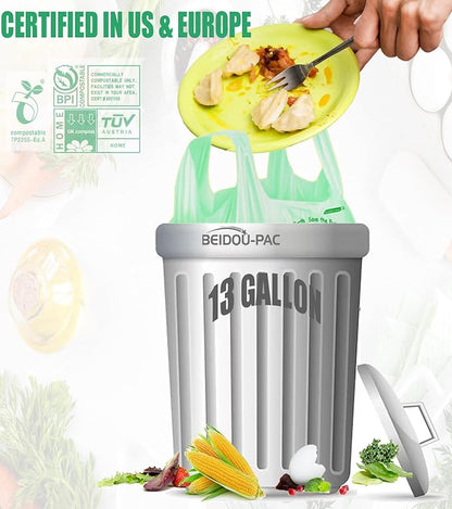 Compostable 13 Gallon Trash Bags, Tall Kitchen Garbage Bags with Handle, Sturdy Biodegradable Compost Bags, 100 Count, US BPI Certified