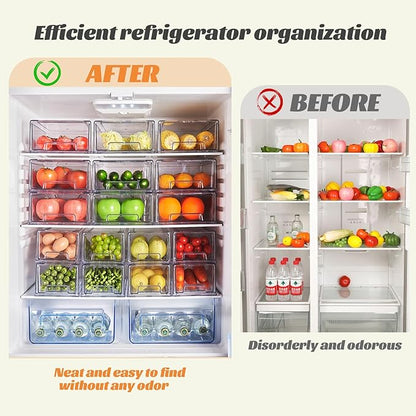 PeJeyiee 4 Pack Clear Stackable Refrigerator Organizers and Storage Drawers - Pull-Out Fridge Bins with Anti-Slip Base & Easy Clean, Plastic Organizers for Kitchen Pantry Cabinet Closet (Large)