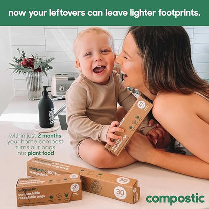Compostic Home Compostable Resealable Snack Bags (6"x 3.5"), Microwave & Freezer Safe, Organic Food Storage Container, 30 Count (Pack of 2)