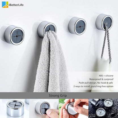 iBetterLife Adhesive Kitchen Towel Hooks - 4 Pack Dish Towel Holder for Cabinet, Push Hand Towel Hook, Dish Cloth Rag Holder for Home Bathrooms, Kitchens, Garages, RV, Within Easy Reach, Matte White