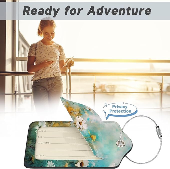 2 Pack Luggage Tag for Suitcase, Vintage Wild Flowers Leather Bag Tags Identifiers Privacy Cover ID Label with Durable Steel Loop for Women Men Kids Girls Travel