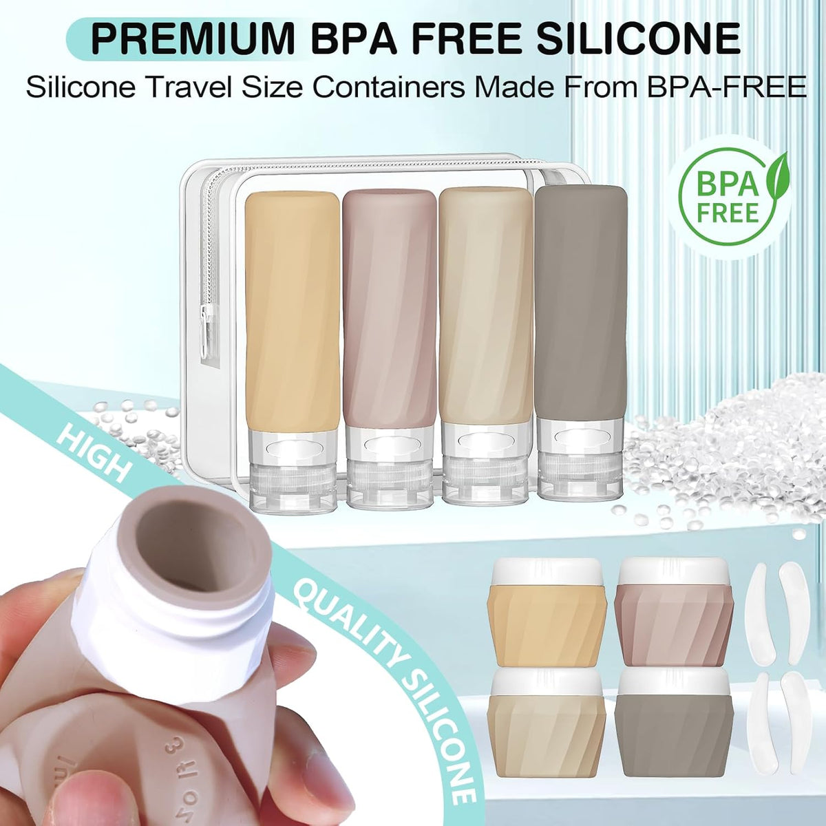 14pack Travel Bottles for Toiletries, TSA Approved Travel Size Toiletries Containers Set, Premium Silicone Leak Proof Refillable Squeezable & Creams jars Accessories Kit W/Clear Bag (Apricot)