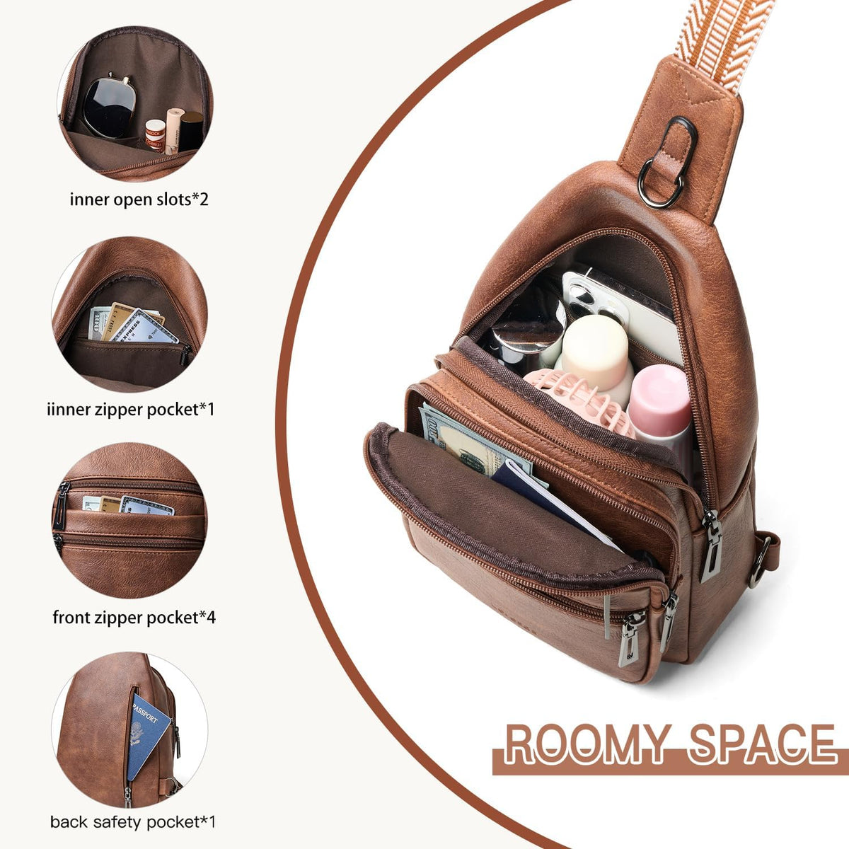 Sling Bag for Women Crossbody Bags Fanny Packs Over Shoulder Bag Sling Purse Backpack Vegan Leather Travel Brown