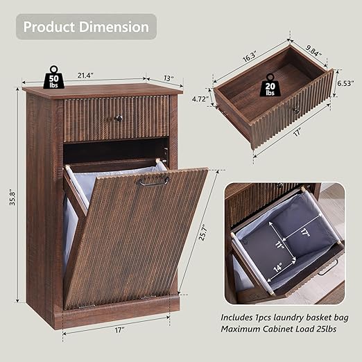 Modern Tilt-Out Trash Can Cabinet, 10 Gallon Fluted Laundry Hamper Cabinet with Drawers, Wooden Hidden Garbage Can Cabinets with Storage Basket, Free Standing for Kitchen and Living Room,Brown