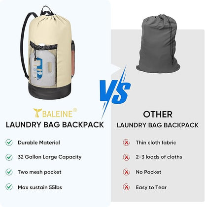 BALEINE 150L Laundry Bag Backpack, 900D Oxford Fabric Large Travel Laundry Bags with Shoulder Straps and 2 Mesh Pockets for College Dorm, Apartment, Laundromat (Beige, 150L)