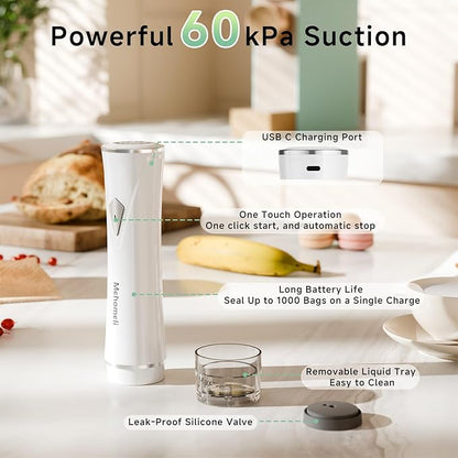 Compact Vacuum Sealer for Food (Vacuum Sealer Machine + 20 Reusable Vacuum Bags), Powerful Handheld Vacuum Sealer Machine, Seal Food 6X Fresh Longer, Portable & Wireless, Easy-Clean