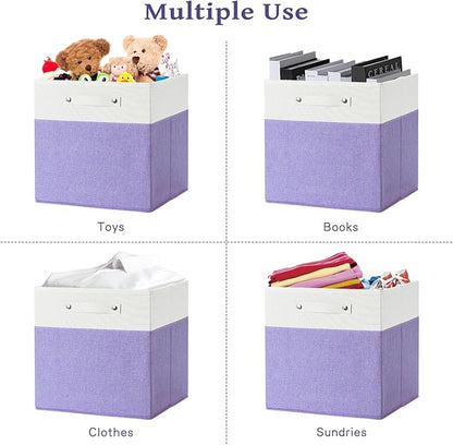 13 x 13 Inch Fine Linen Storage Bins with Handles，Fabric Cube Boxs，Collapsible Basket Organizers for Shelves for Home, Closet Drawers (White/Purple-6 Pack)