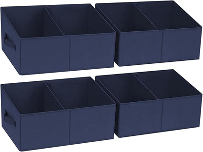 DIMJ Large Closet Shelf Organizer Bins 4 Packs with Handles and Divider, Fabric Trapezoid Storage Baskets, Foldable Clothes Containers Box for Shelf, Towel, Book, Toy, Purse, Hats, Navy Blue