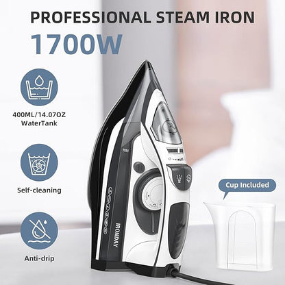 Steam Iron for Clothes Rapid Heating, 1700W Iron with Non-Stick Ceramic Soleplate, 3-Way Auto-Off, Burst of Steam, Self-Cleaning, 14.07oz Water Tank Ironing Clothes for Home, Grey