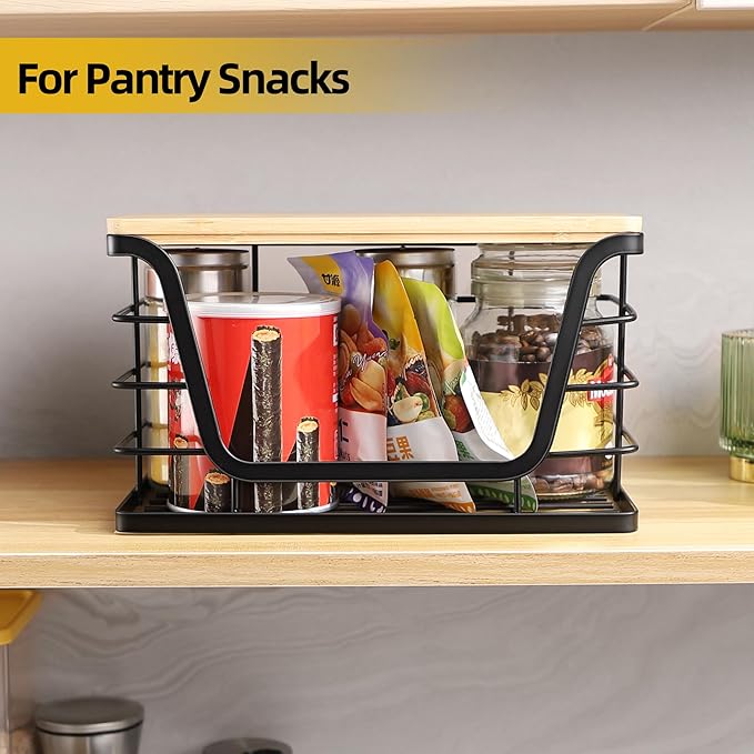 ALOCEO Small Wall Basket, Stainless Steel Adhesive Cabinet Door Organizer with Bamboo Top for Kitchen, Cabinet, Pantry, Black