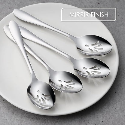 Stainless Steel Slotted Serving Spoons, E-far 4-Piece Metal Tablespoons Hostess Serving Utensils Set for Catering Buffet Party Kitchen Restaurant, Dishwasher Safe
