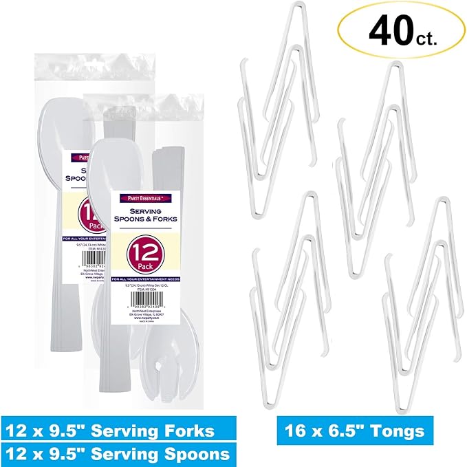 Party Essentials Plastic Party Buffet Serving Utensils Kit, Spoons/Forks/Tongs