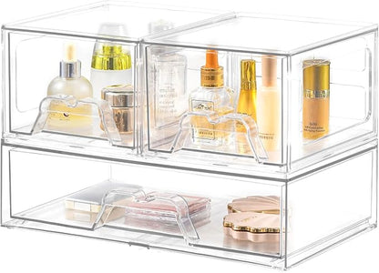 3 Pack Stackable Storage Drawers Clear Acrylic Organizer Makeup Bathroom Organizer and Storage for Beauty Supplies,Ideal for Vanity, Cabinet,Bathroom,Pantry Organization