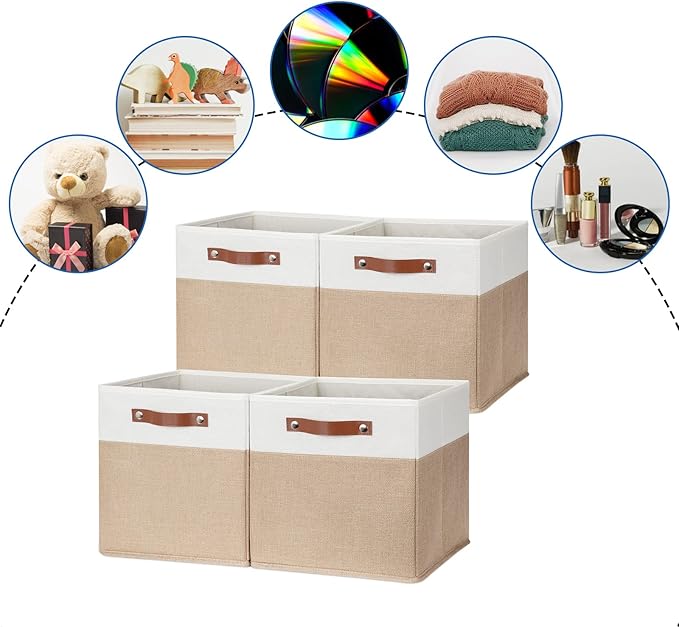 DULLEMELO Cube Storage Bins,12 x 12 x 12 inch Fabric Storage Cubes for Organizing,Collapsible foldable Linen Canvas Closet Storage Bins for Shelves Closet Bedroom Toys Home Office(White&Khaki-4 Pack)