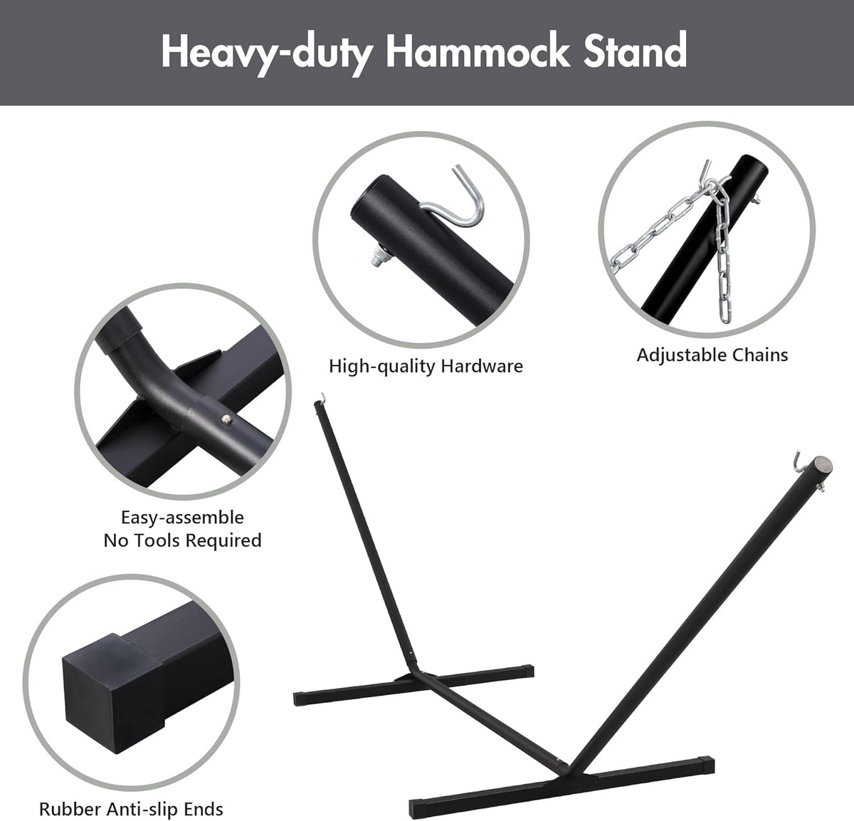 ANOW Double Hammock with 12FT Heavy Duty Steel Stand Included, 2 Person Hammock with Stand for Outdoors, 450 LBS Weight Capacity, Gray
