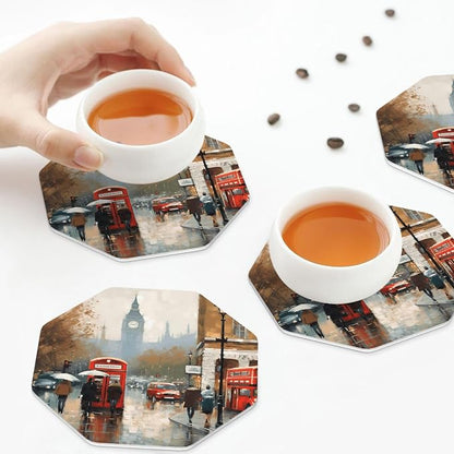 4Pcs Leather Coaster for Drinks London Impression Cup Coasters Aesthetic Drink