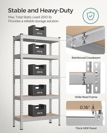 SONGMICS 5-Tier Storage Shelves, Load 2310 lb, Set of 2 Garage Storage, Boltless Assembly, Adjustable Shelving Unit, 11.8 x 29.5 x 59.1 Inches, for Study Shed Basement, Silver UGLR300E02
