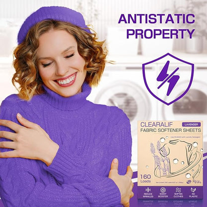 CLEARALIF laundry Fabric Softener Sheets, Lavender Scent, 160 Loads, Eco Friendly, Great For Travel, Apartments, Dorms.