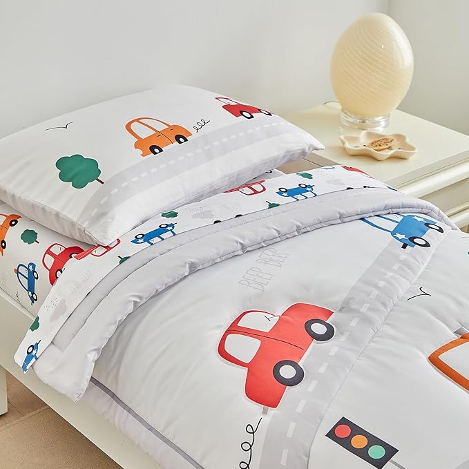 DuShow 4 Pieces Cars Toddler Bedding Set for Boys,Soft Toddler Bed Set in a Bag,Toddler Bed Comforter Set Includes Quilted Comforter, Flat Sheet, Fitted Sheet and Pillowcase