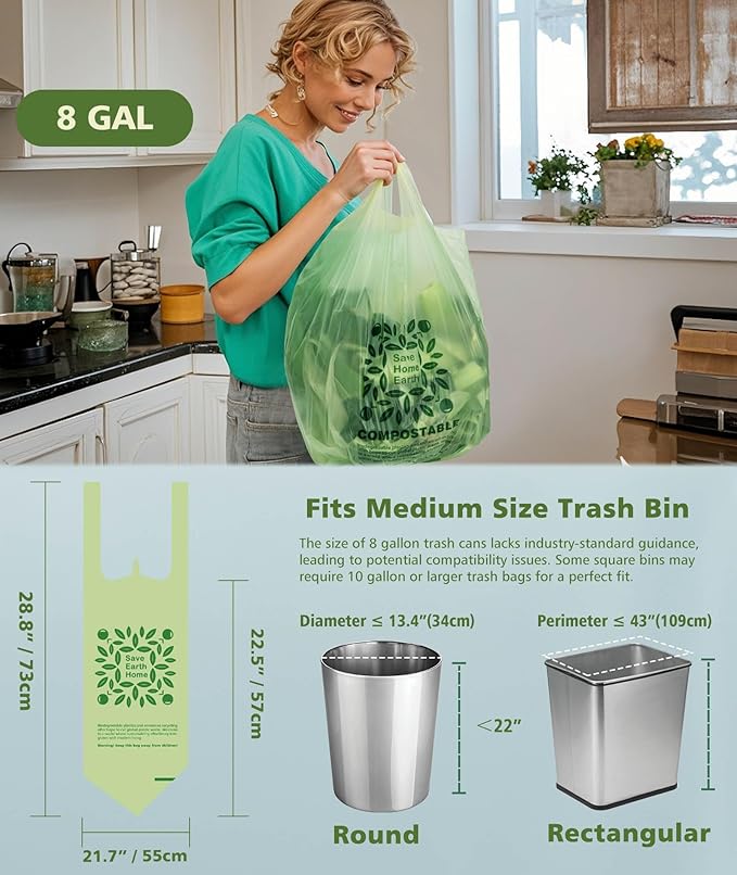 Compostable Trash Bags 8 Gallon with Handle, 30 Liter, 40 Count, AYOTEE Composting Garbage Bags 8 Gallon for Kitchen Food Scrap, Waste Basket Bag，Unscented Medium Trash Can Liners for Office