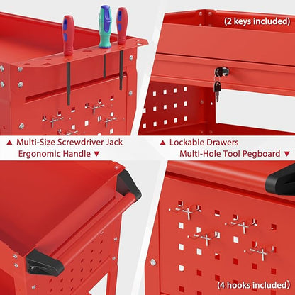 3 Tier Rolling Tool Cart on Wheels, Heavy Duty Service Cart Industrial Utility Cart with Drawer and Screwdriver Rack Pegboard, 550 LBS Mobile Tool Storage Organizer for Garage, Workshop (Red)