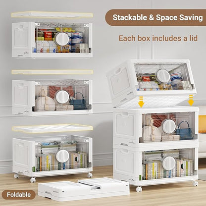 BROVIEW 480Qt Lockable Stackable Storage Bins with Lids, Closet Organizers and Storage Drawer, Collapsible Storage Bin with Wheels, Plastic Cabinet for Toy Clothes Dorm Organizer, V9 4 Pack White