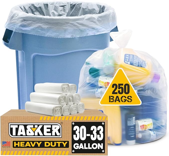 Tasker 30-33 Gallon Clear Trash Bags Heavy Duty (Mega ValuePack 250 Bags) Large Plastic Bags, Great for Recycling 30 Gallon - 32 Gallon - 35 Gallon. Clear Large Trash Bags