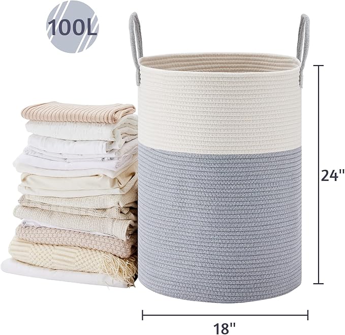 VIPOSCO Large Laundry Hamper, Tall Woven Rope Storage Basket for Blanket, Toys, Dirty Clothes in Living Room, Bathroom, Bedroom - 100L Grey & White