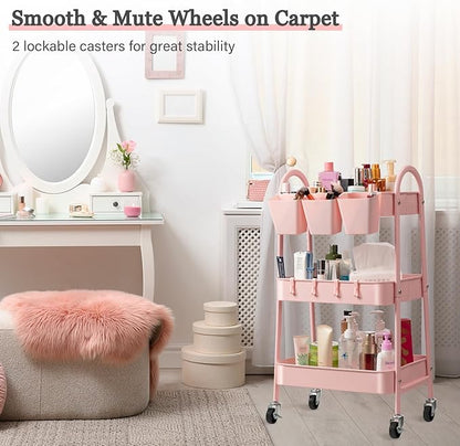 Danpinera 3-Tier Rolling Cart, Metal Storage Cart with Lockable Wheels, Hanging Cups & Hooks, Mobile Trolley for Kitchen, Bathroom, Office, Workshop, Pink