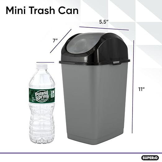 Superio Mini Plastic Trash Can with Swing Top Lid 1.25 Gallon Compact Small Waste Bin Portable Garbage Can for Countertop, Desktop, Make up Vanity, Bathroom, Car, Under Sink, Dorm 5 Qt. (Grey/Black